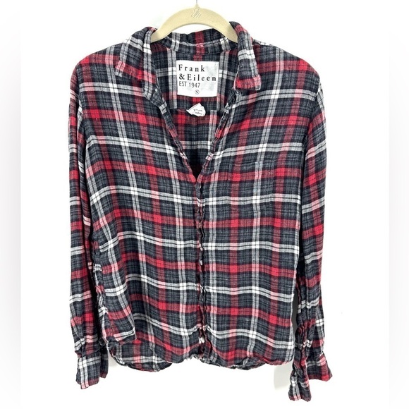Frank & Eileen Barry Shirt Womens Sz Small 100% Linen Plaid Print Button Up Top - Picture 1 of 10
